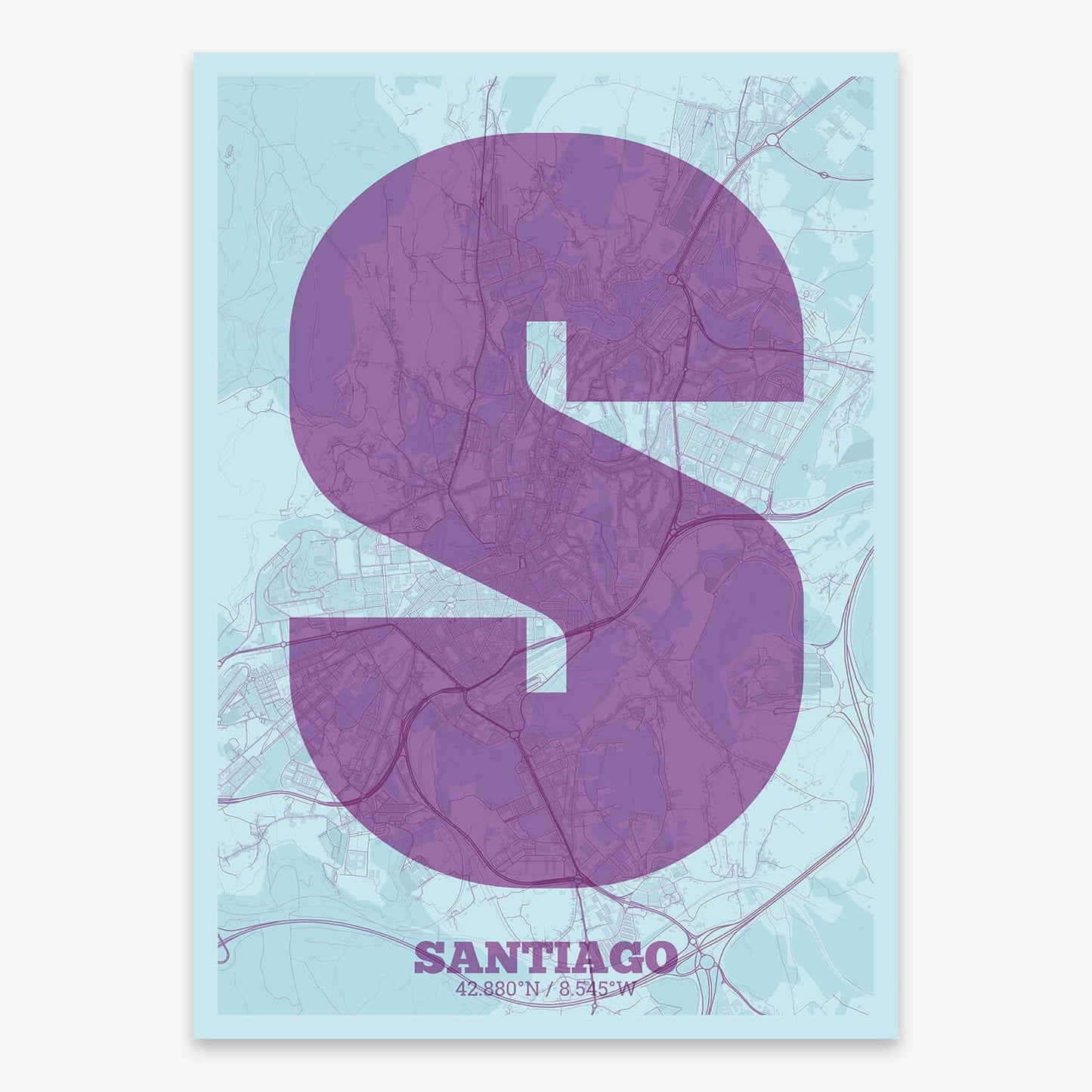 The map of Santiago composed with letters in a heavy geometric font printed on purple and light blue