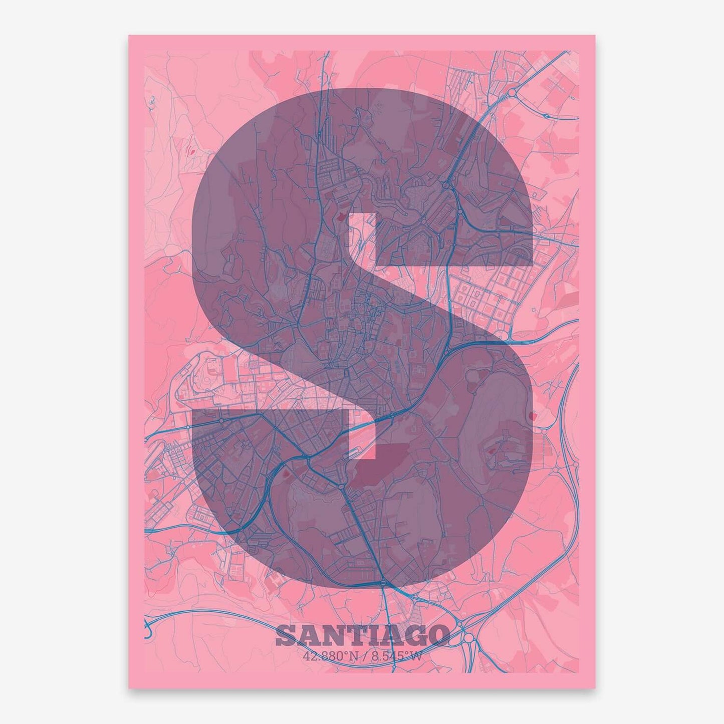 The map of Santiago composed with letters in a heavy geometric font printed on violet y pink background