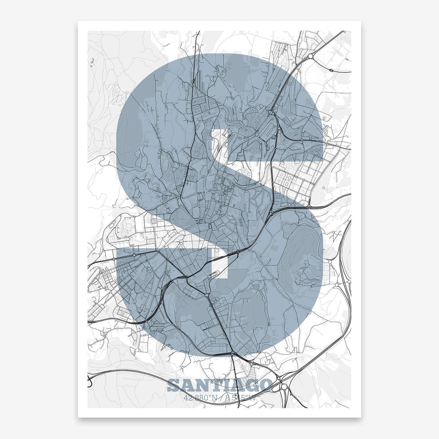 The map of Santiago composed with letters in a heavy geometric font printed on black and white