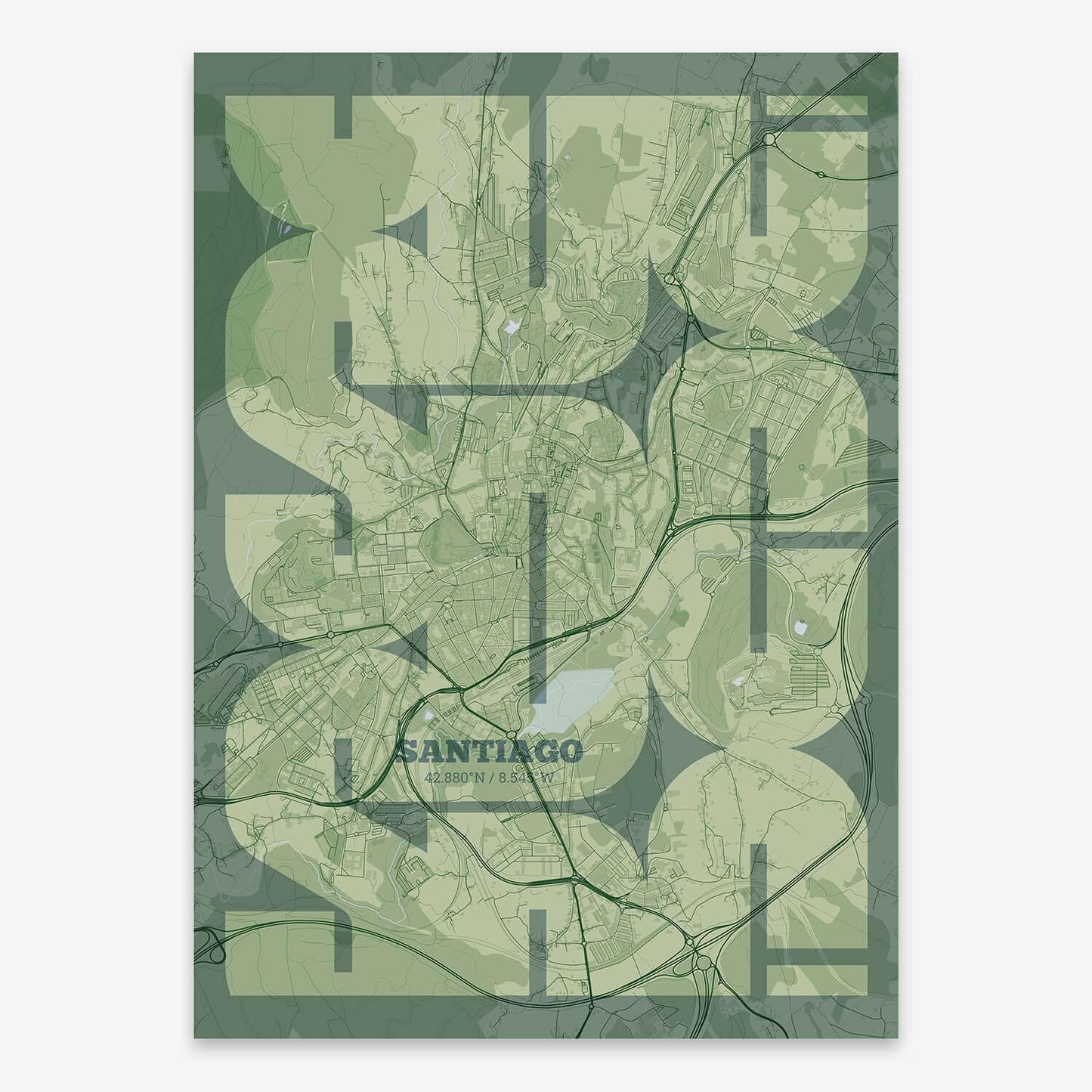 The map of Santiago composed with letters from its name or IATA code printed on two green tones