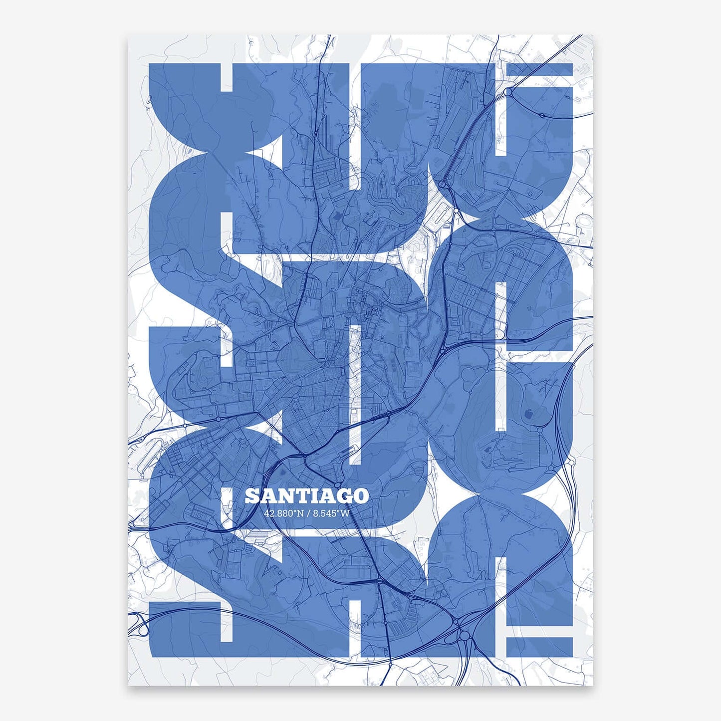 The map of Santiago composed with letters from its name or IATA code printed on navy blue and white