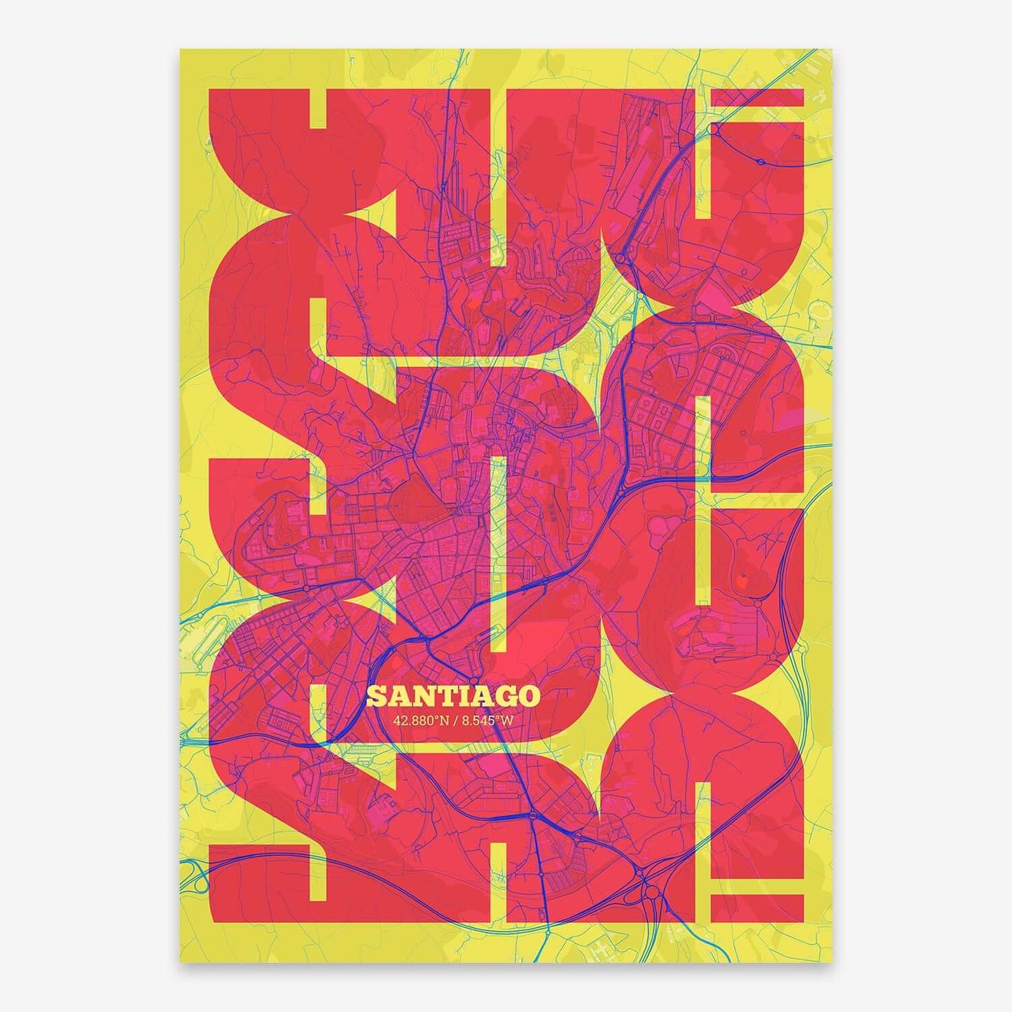 The map of Santiago composed with letters from its name or IATA code printed on yellow and fuchsia