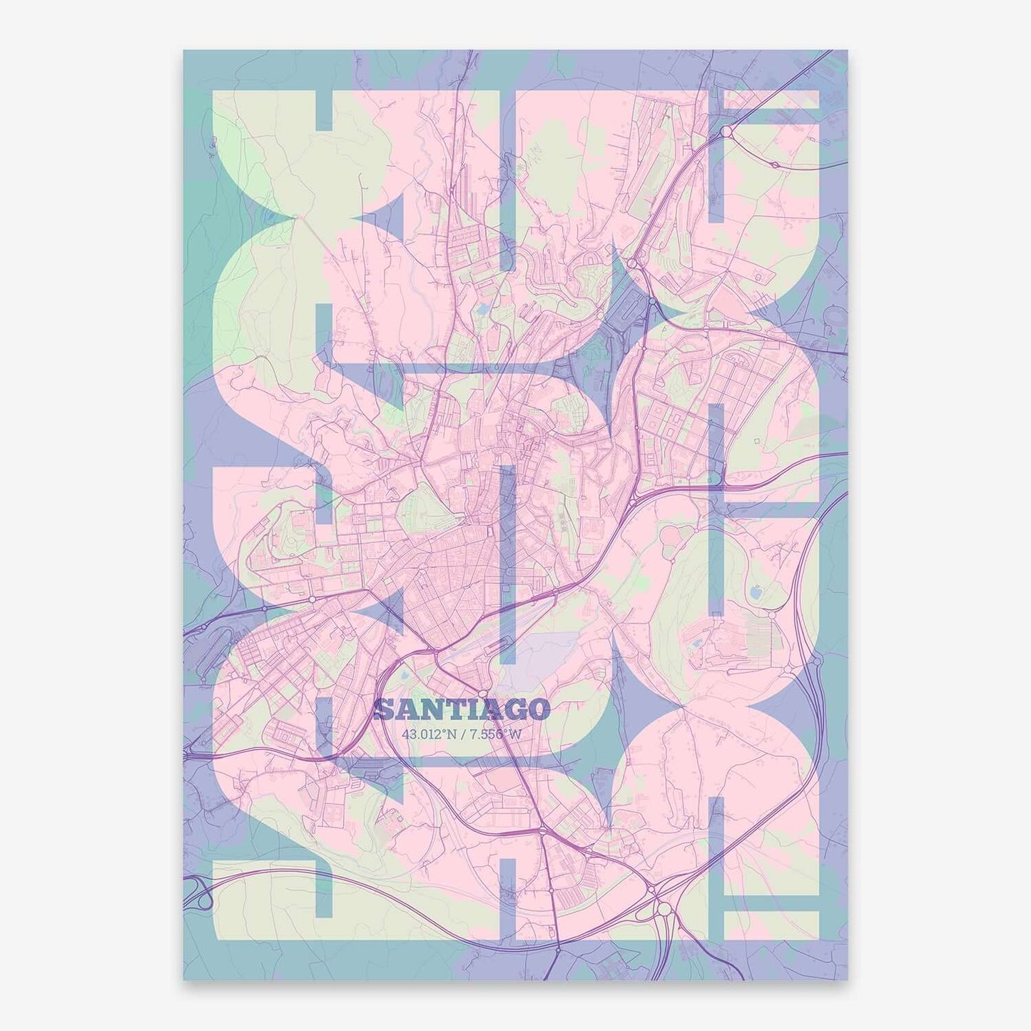 The map of Santiago composed with letters from its name or IATA code printed on pink and light blue
