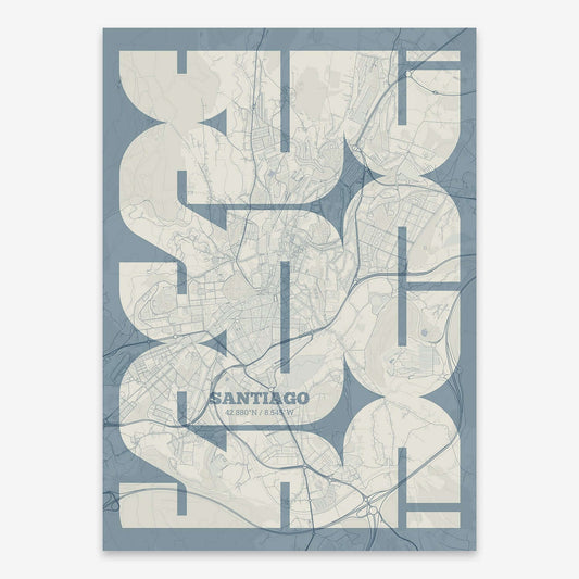 The map of Santiago composed with letters from its name or IATA code printed on bluish gray and an off-white background