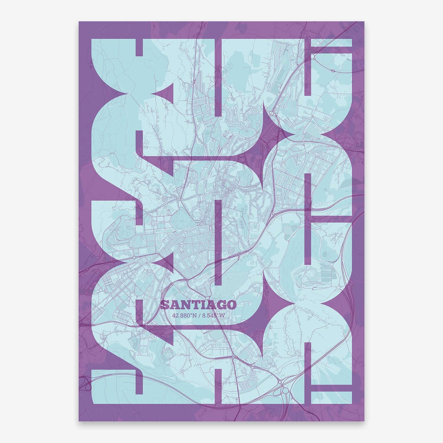 The map of Santiago composed with letters from its name or IATA code printed on purple and light blue
