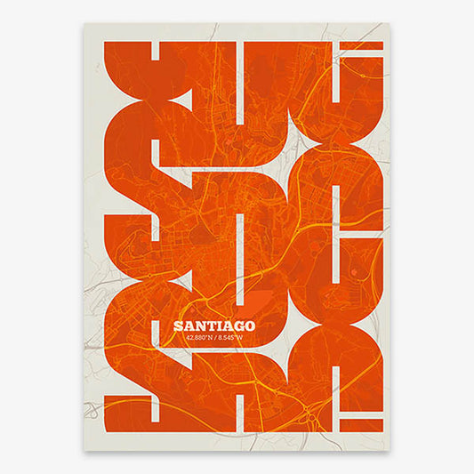 Poster of Santiago de Compostela composed with letters from its abbreviation or its airport IATA code printed on orange and an off-white background