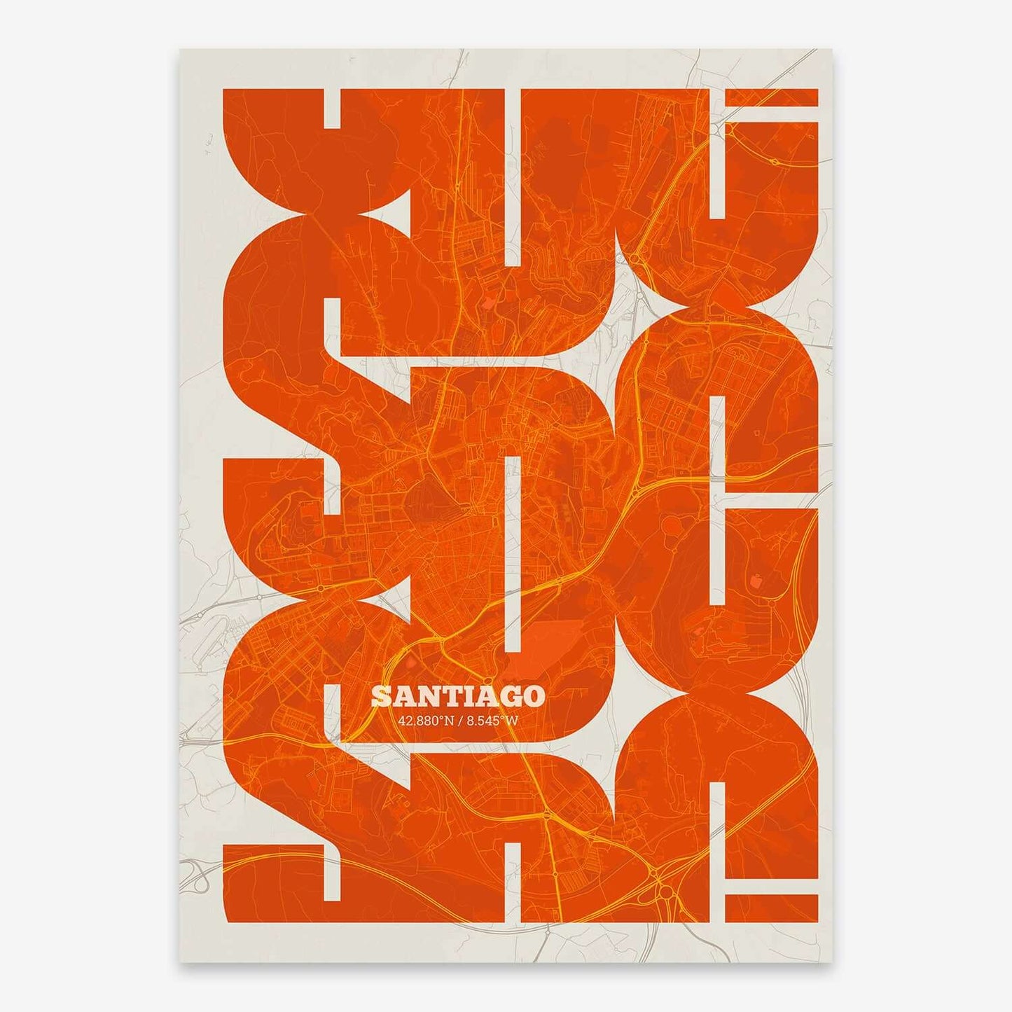 The map of Santiago composed with letters from its name or IATA code printed on orange and an off-white background
