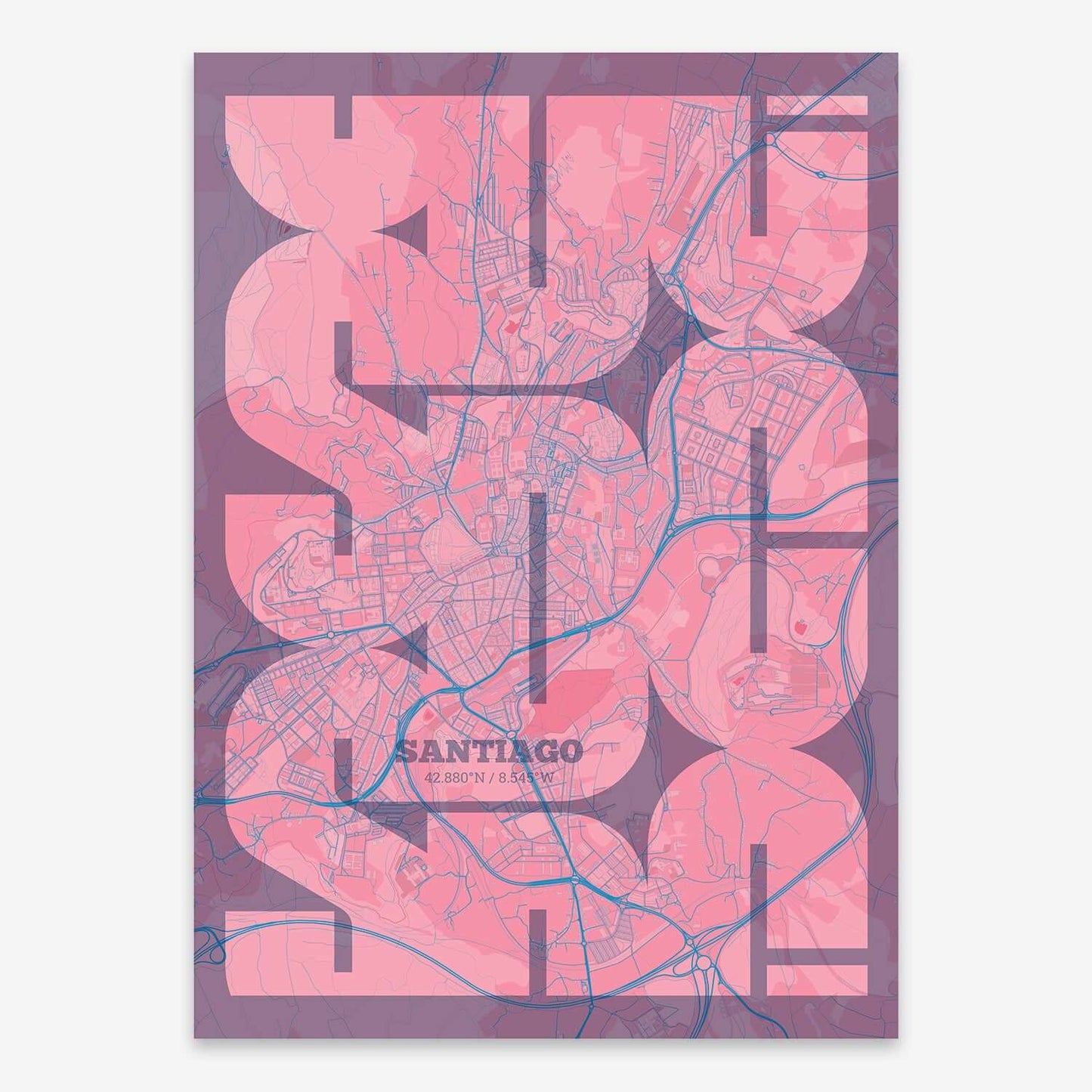 The map of Santiago composed with letters from its name or IATA code printed on violet y pink background
