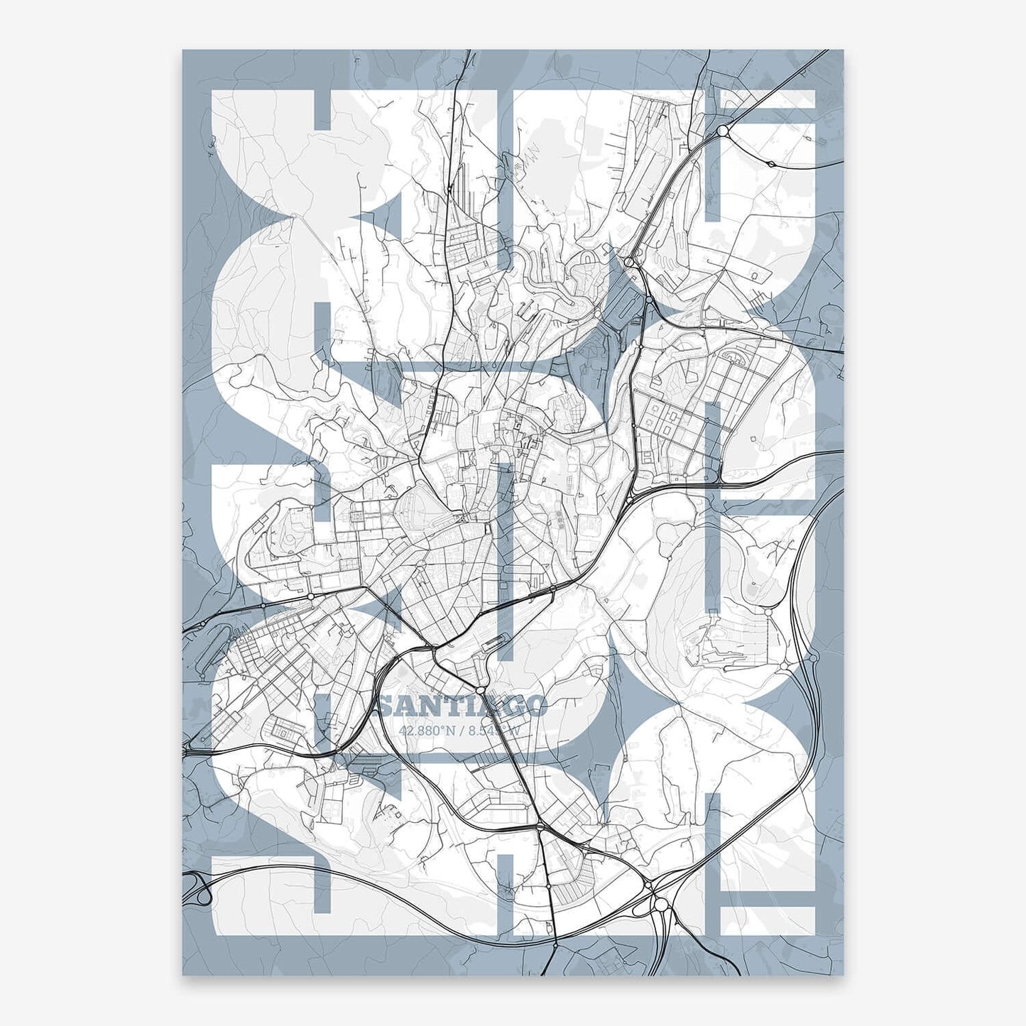 The map of Santiago composed with letters from its name or IATA code printed on black and white