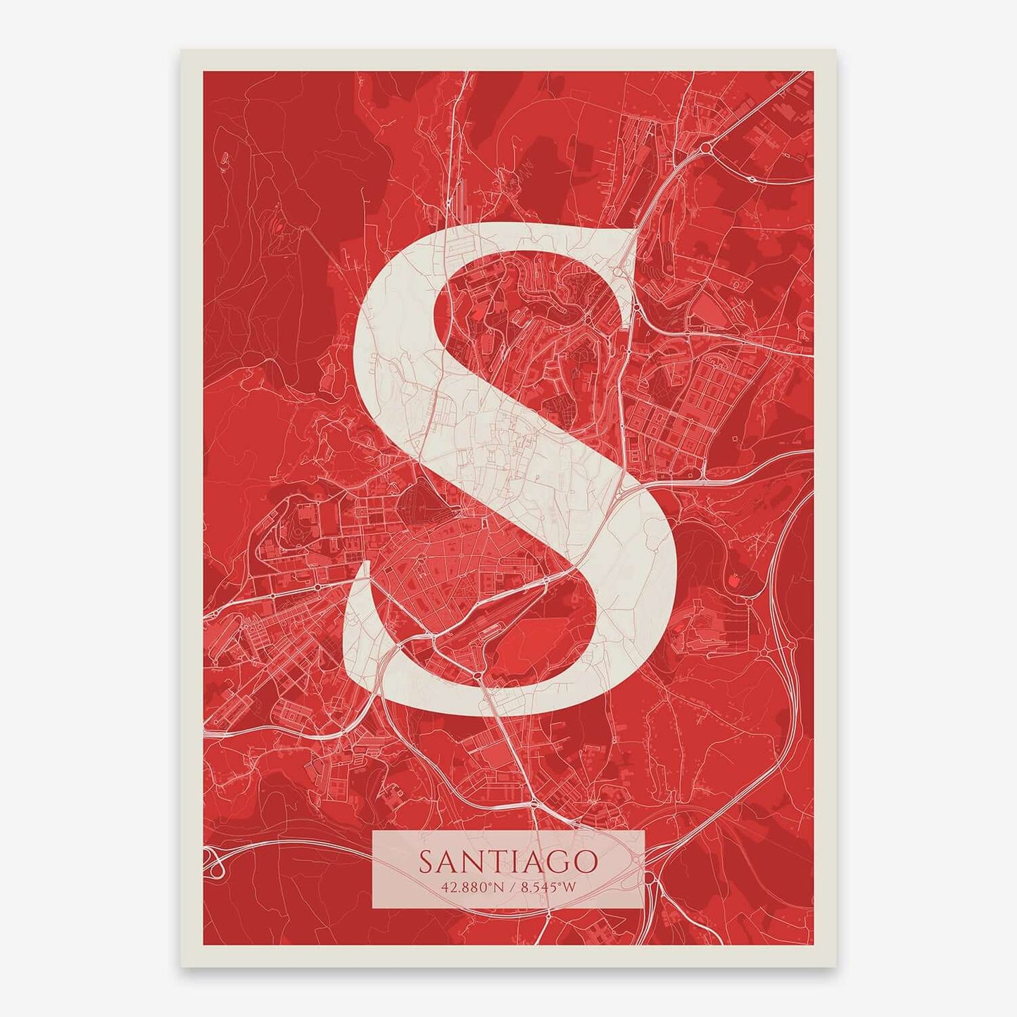The map of Santiago composed with letters in serif font printed on red and an off-white background