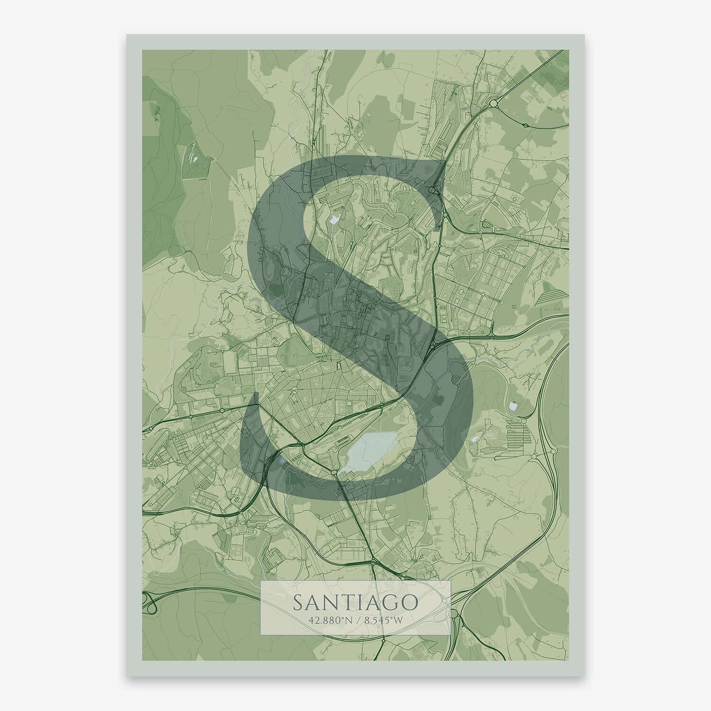 The map of Santiago composed with letters in serif font printed on two green tones