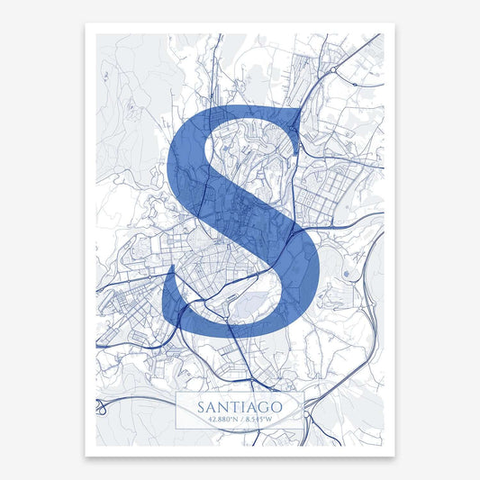 The map of Santiago composed with letters in serif font printed on navy blue and white