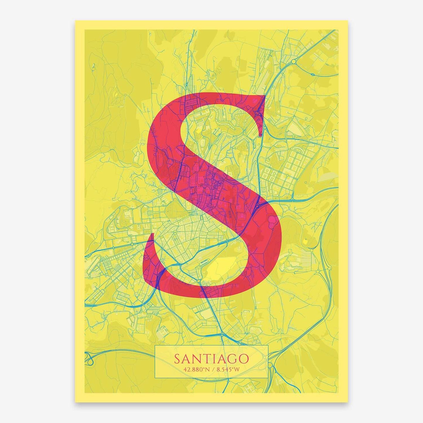 The map of Santiago composed with letters in serif font printed on yellow and fuchsia