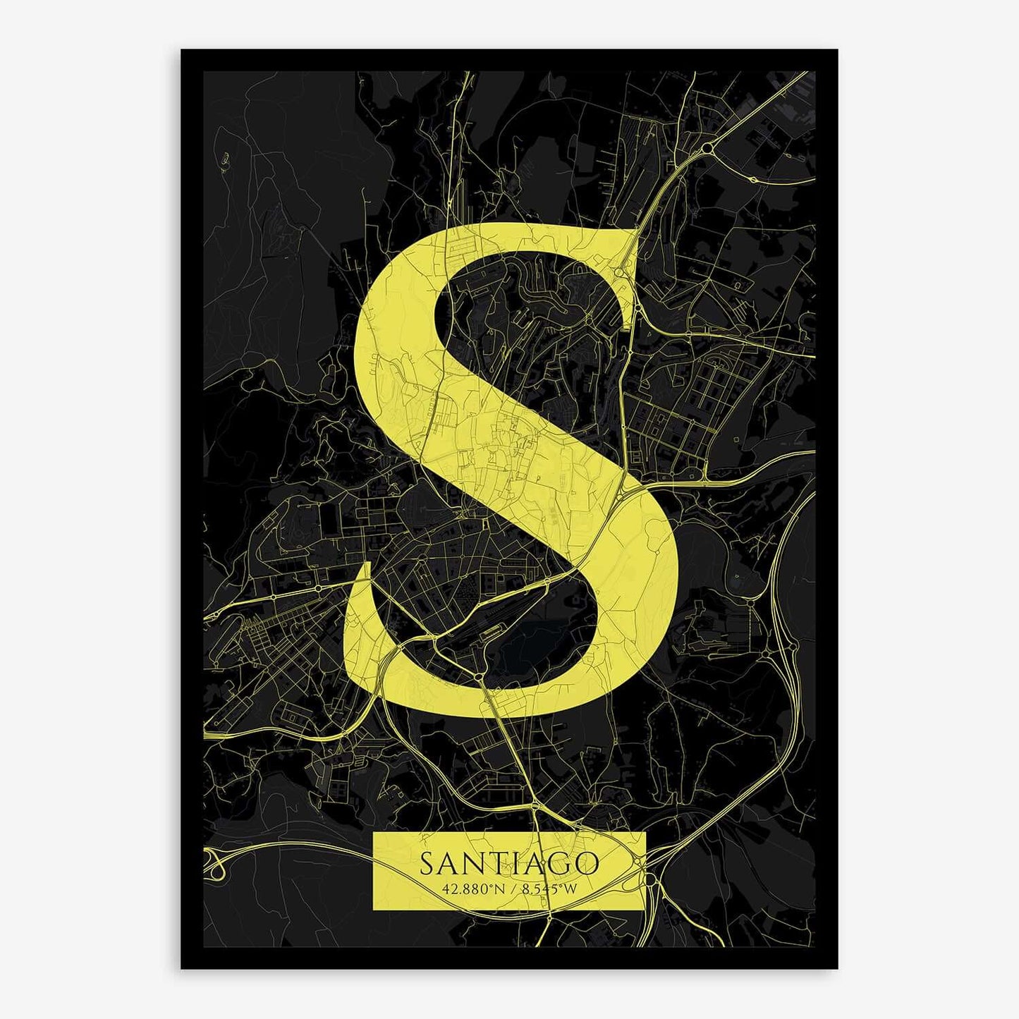 The map of Santiago composed with letters in serif font printed on black and yellow