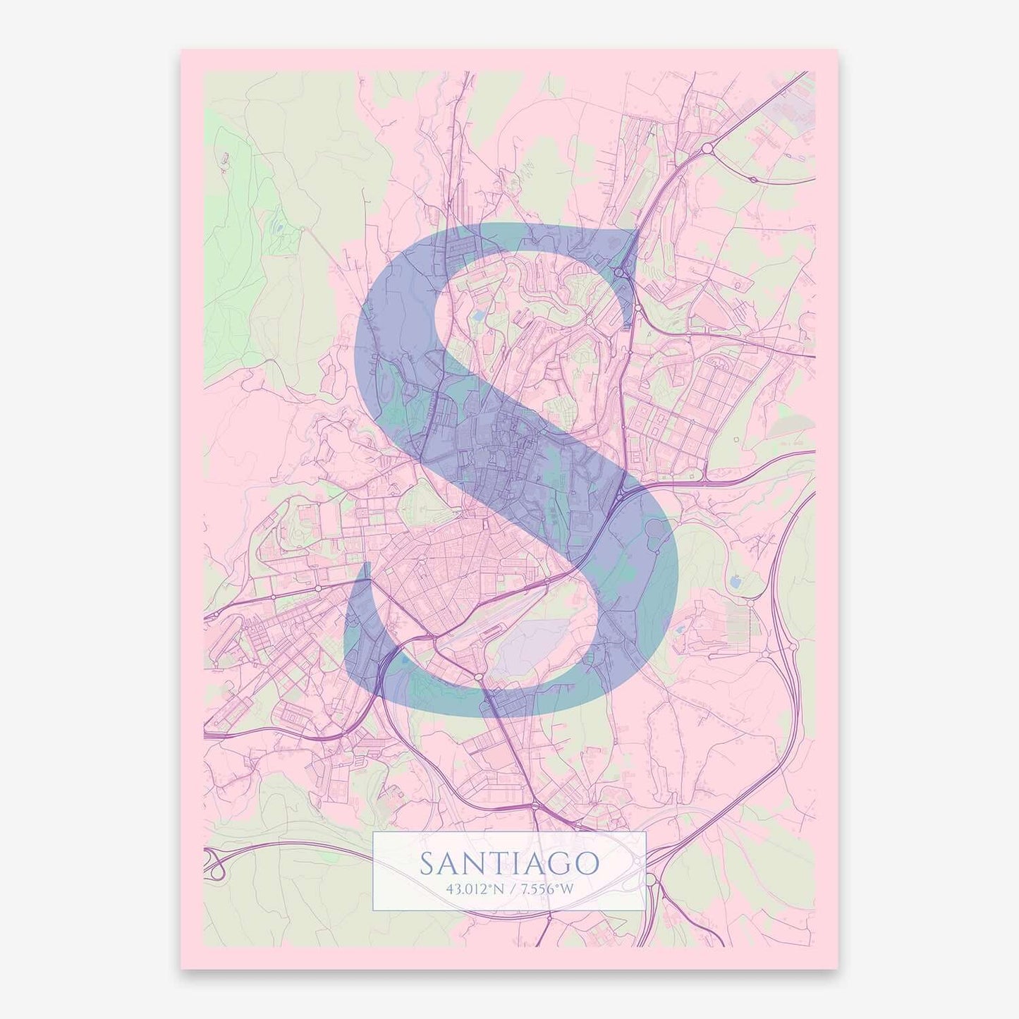 The map of Santiago composed with letters in serif font printed on pink and light blue