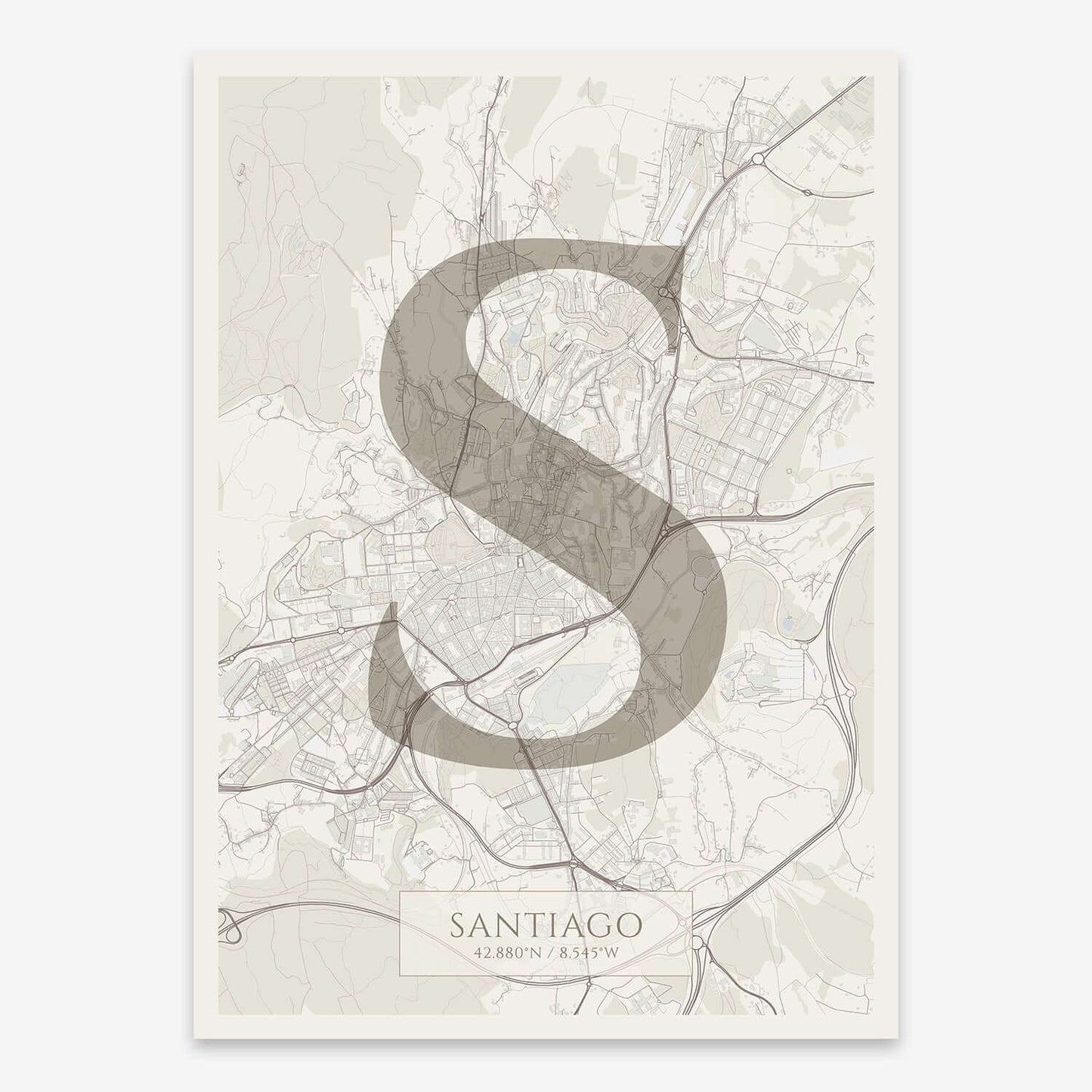 The map of Santiago composed with letters in serif font printed on light brown and an off-white background