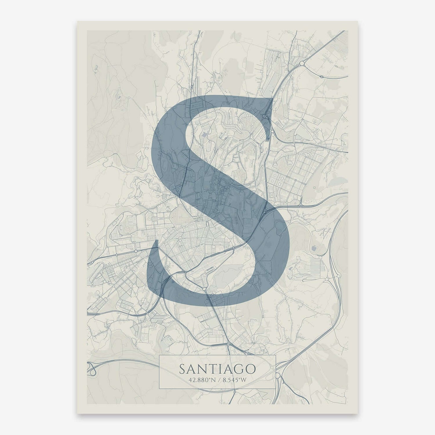 The map of Santiago composed with letters in serif font printed on bluish gray and an off-white background