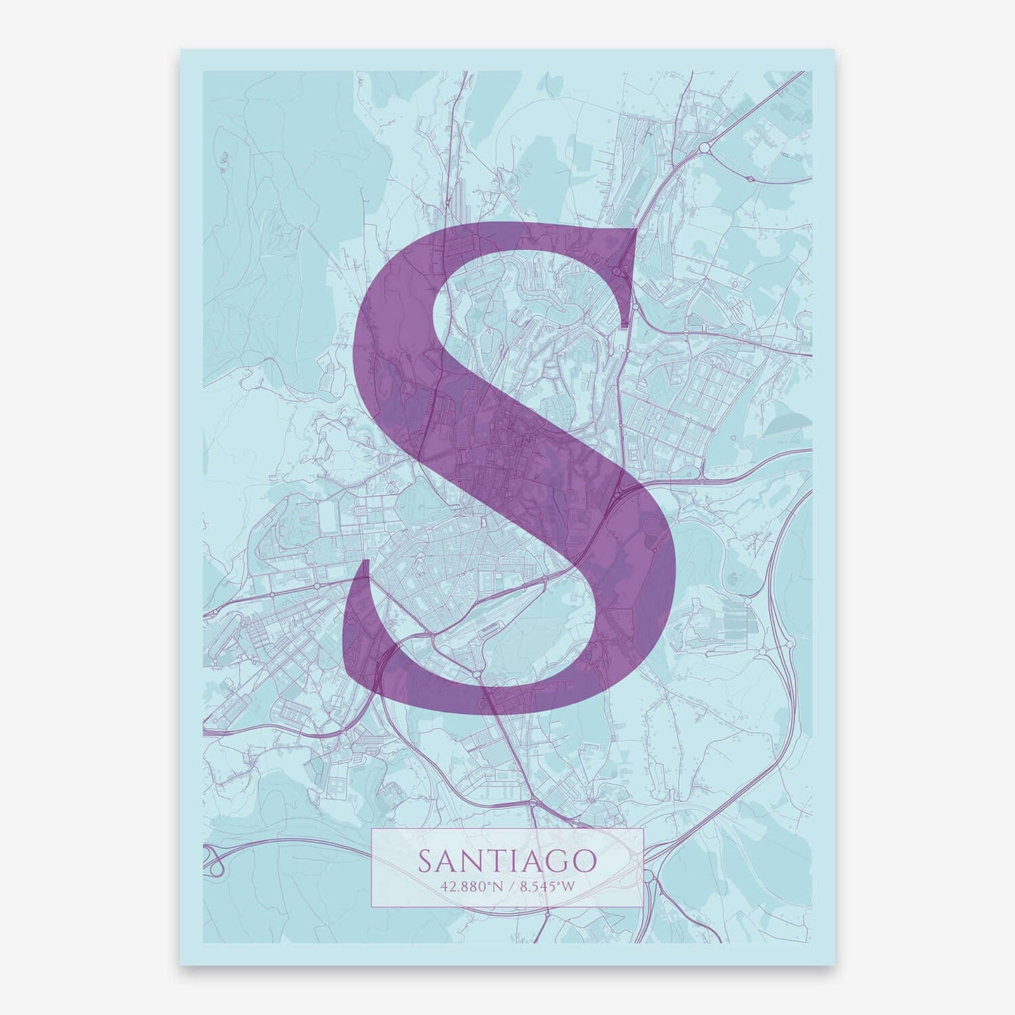 The map of Santiago composed with letters in serif font printed on purple and light blue