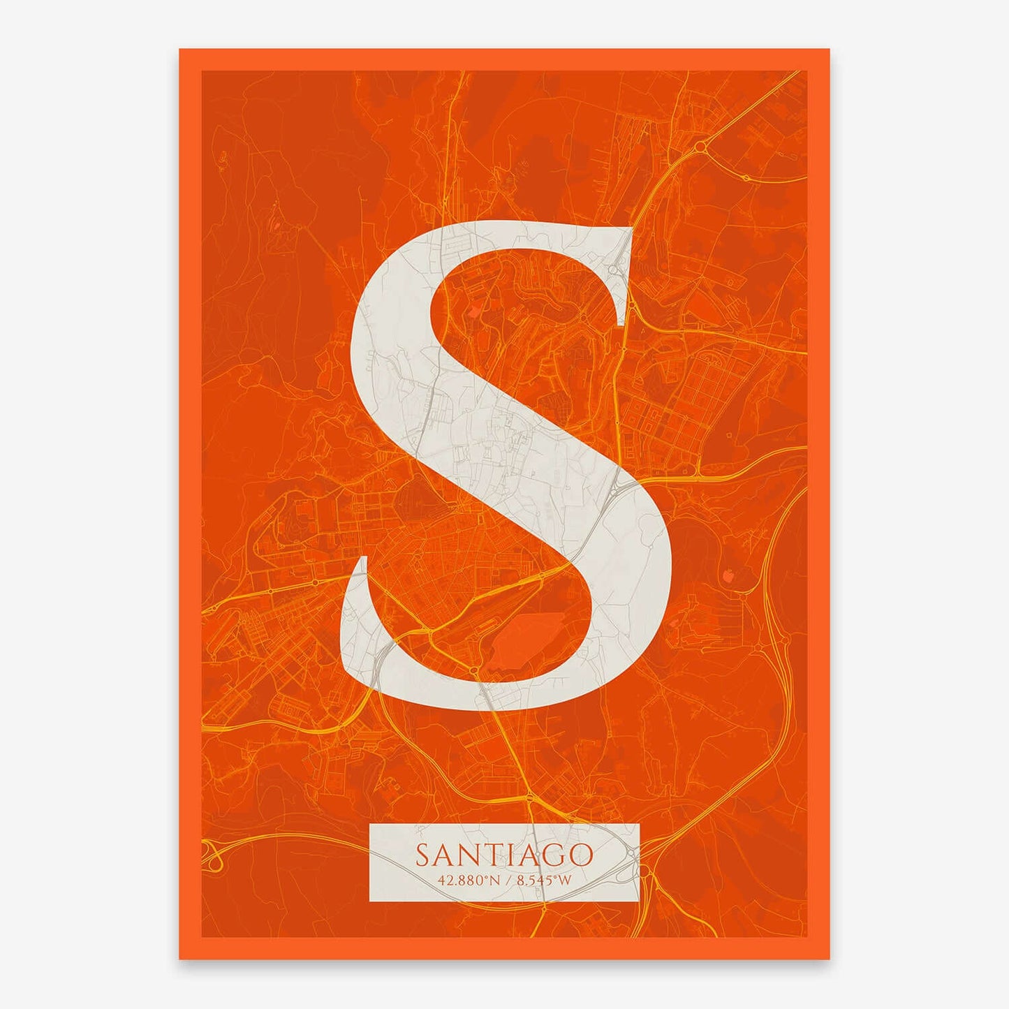 The map of Santiago composed with letters in serif font printed on orange and an off-white background