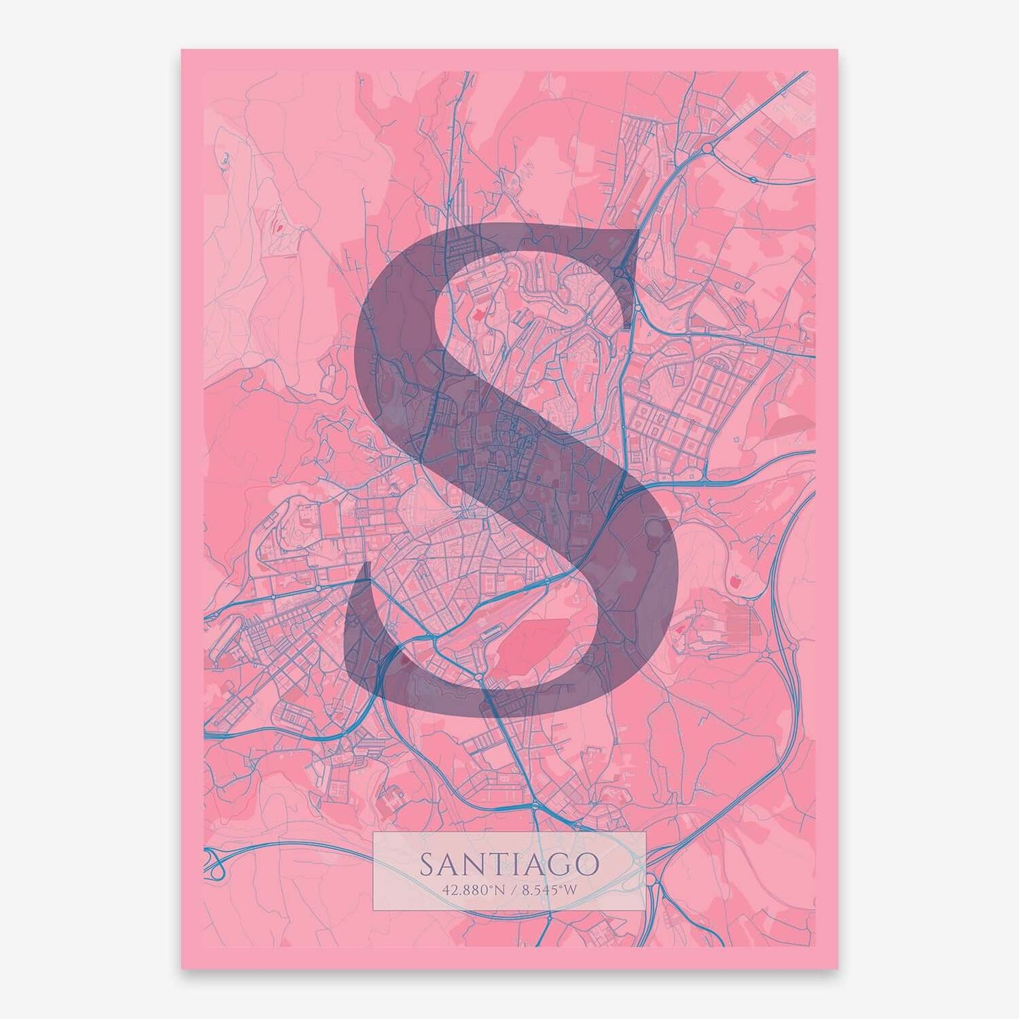 The map of Santiago composed with letters in serif font printed on violet y pink background