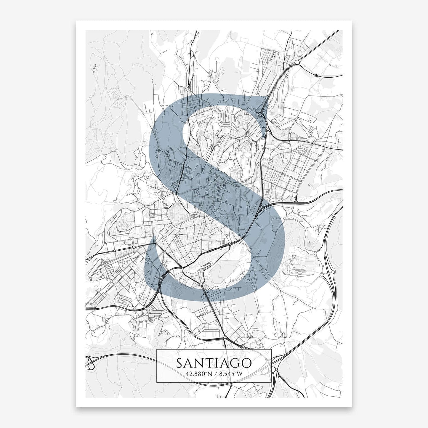 The map of Santiago composed with letters in serif font printed on black and white