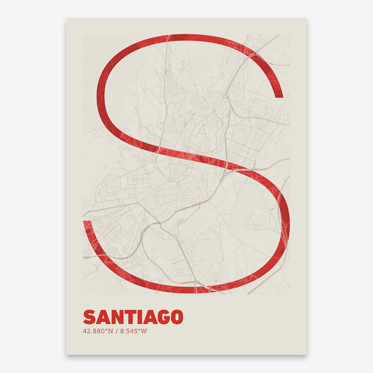 The map of Santiago composed with letters in extra light font printed on red and an off-white background