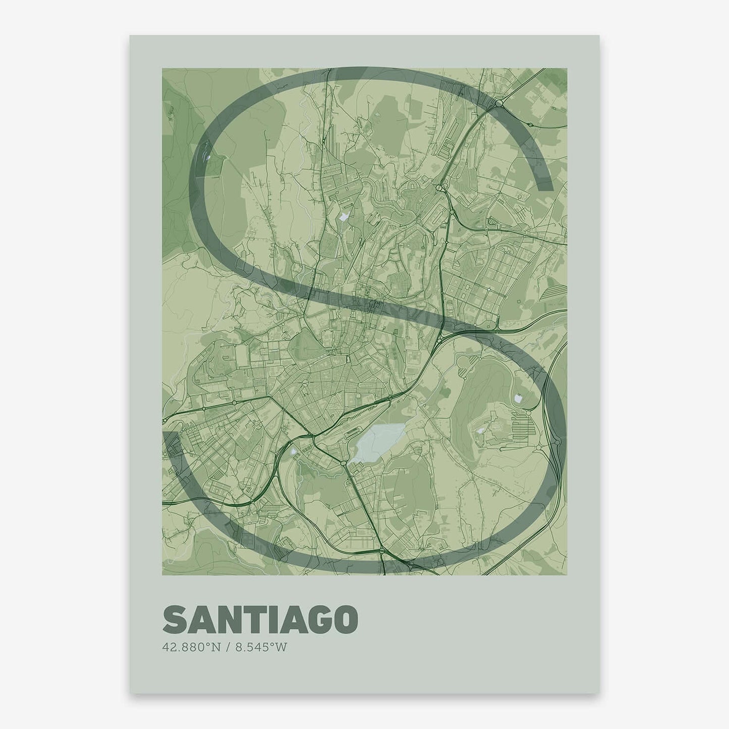 The map of Santiago composed with letters in extra light font printed on two green tones