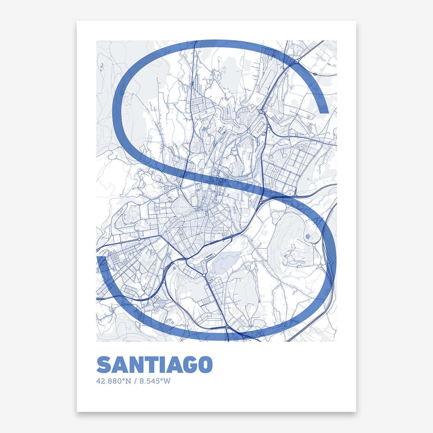 The map of Santiago composed with letters in extra light font printed on navy blue and white