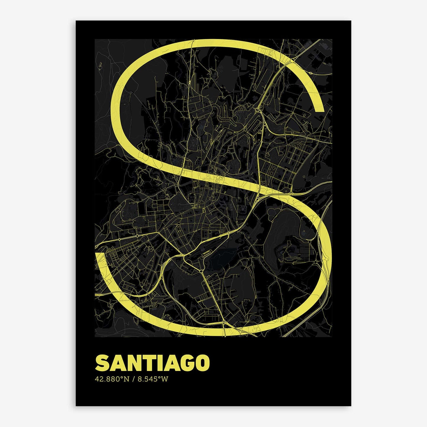 The map of Santiago composed with letters in extra light font printed on black and yellow