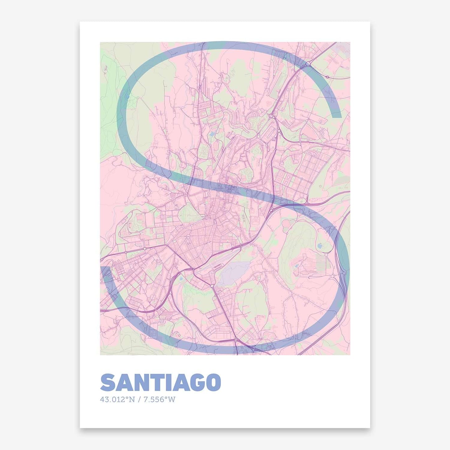 The map of Santiago composed with letters in extra light font printed on pink and light blue