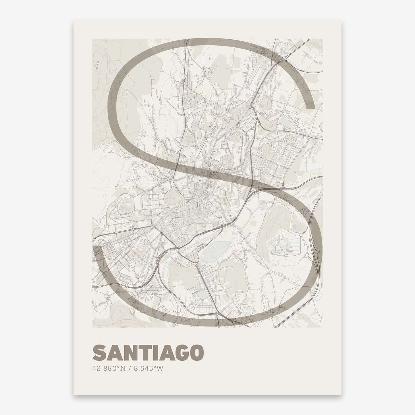 The map of Santiago composed with letters in extra light font printed on light brown and an off-white background
