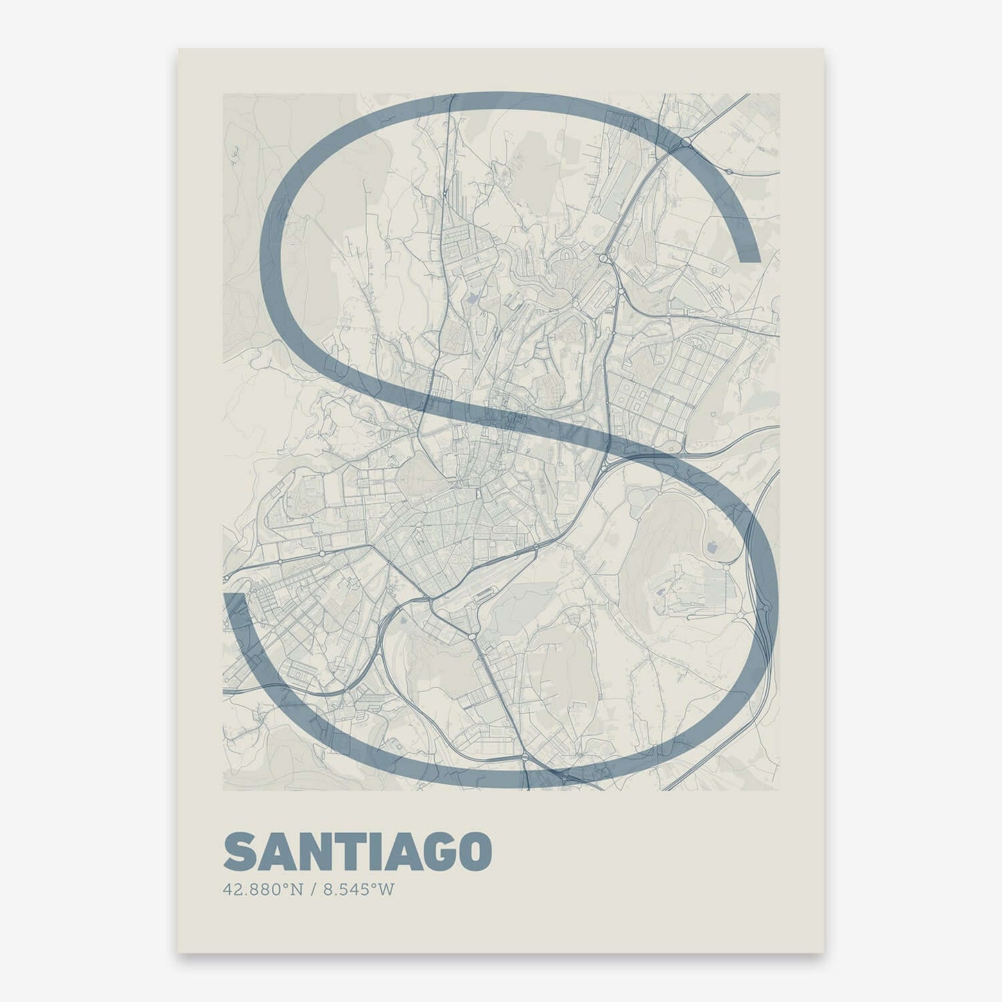 The map of Santiago composed with letters in extra light font printed on bluish gray and an off-white background