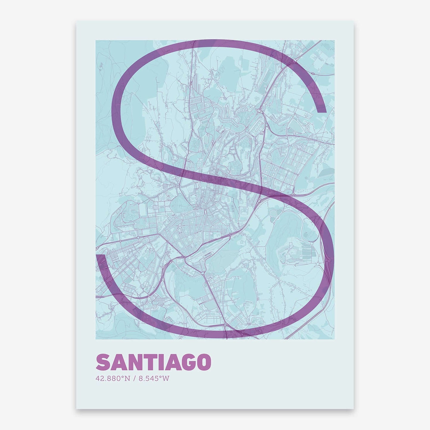 The map of Santiago composed with letters in extra light font printed on purple and light blue