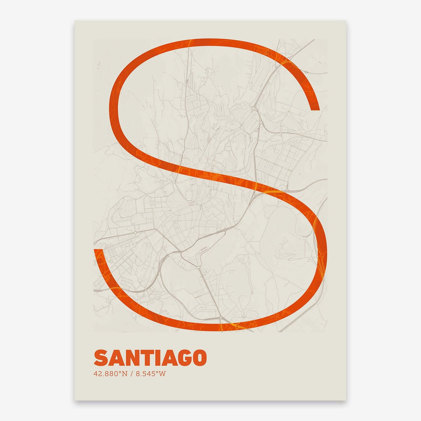 The map of Santiago composed with letters in extra light font printed on orange and an off-white background