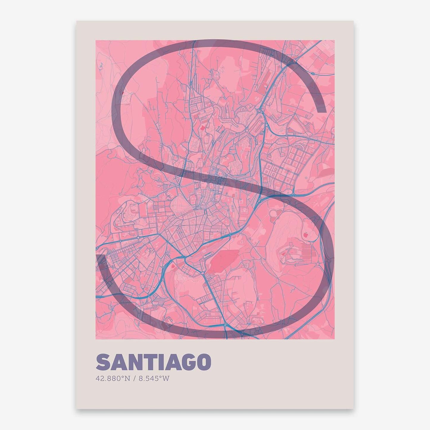 The map of Santiago composed with letters in extra light font printed on violet y pink background