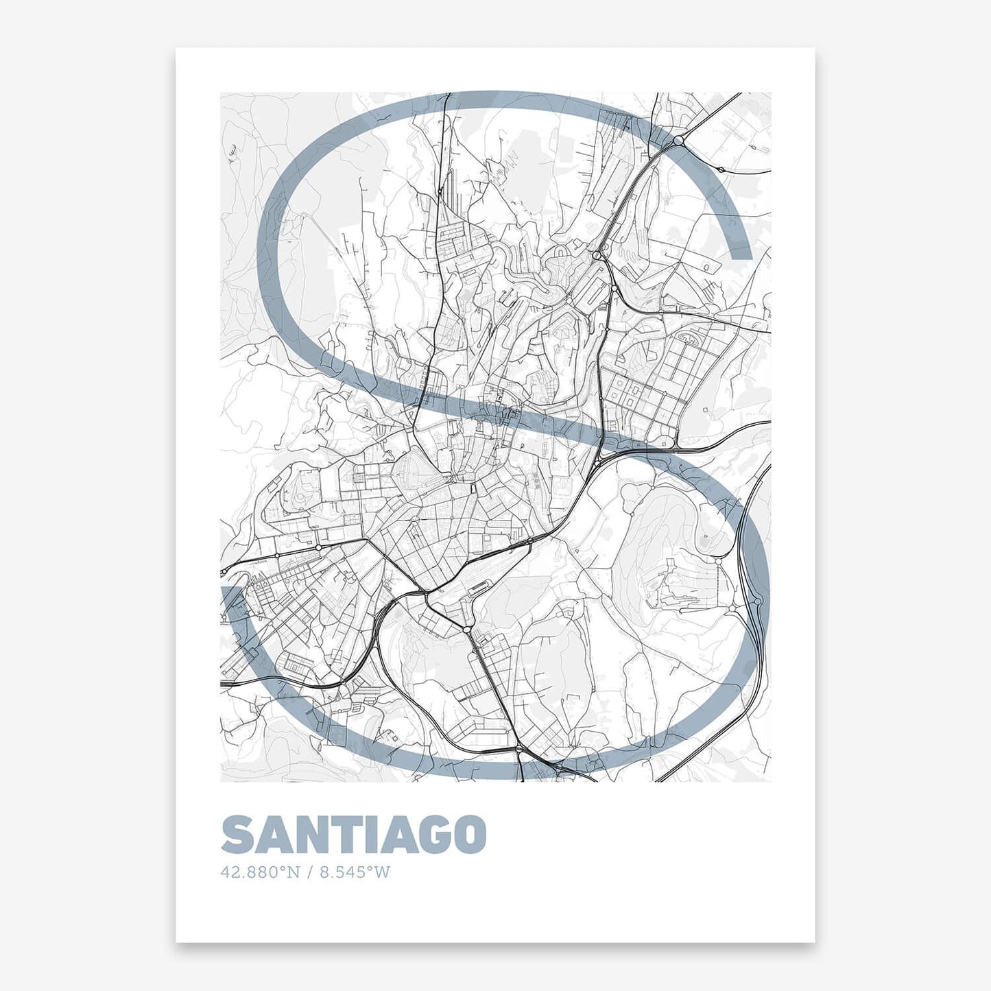 The map of Santiago composed with letters in extra light font printed on black and white