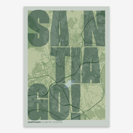 The map of Santiago with letters of its name placed randomly, designed in two green tones