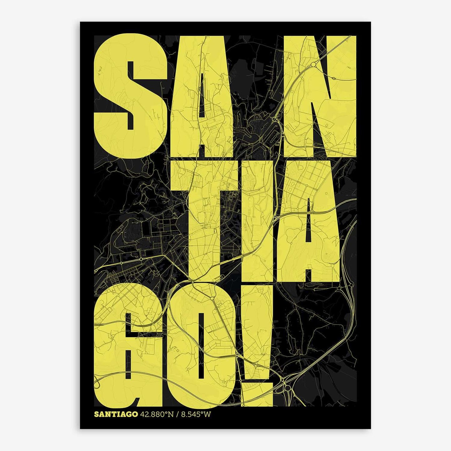 The map of Santiago with letters of its name placed randomly, designed in black and yellow