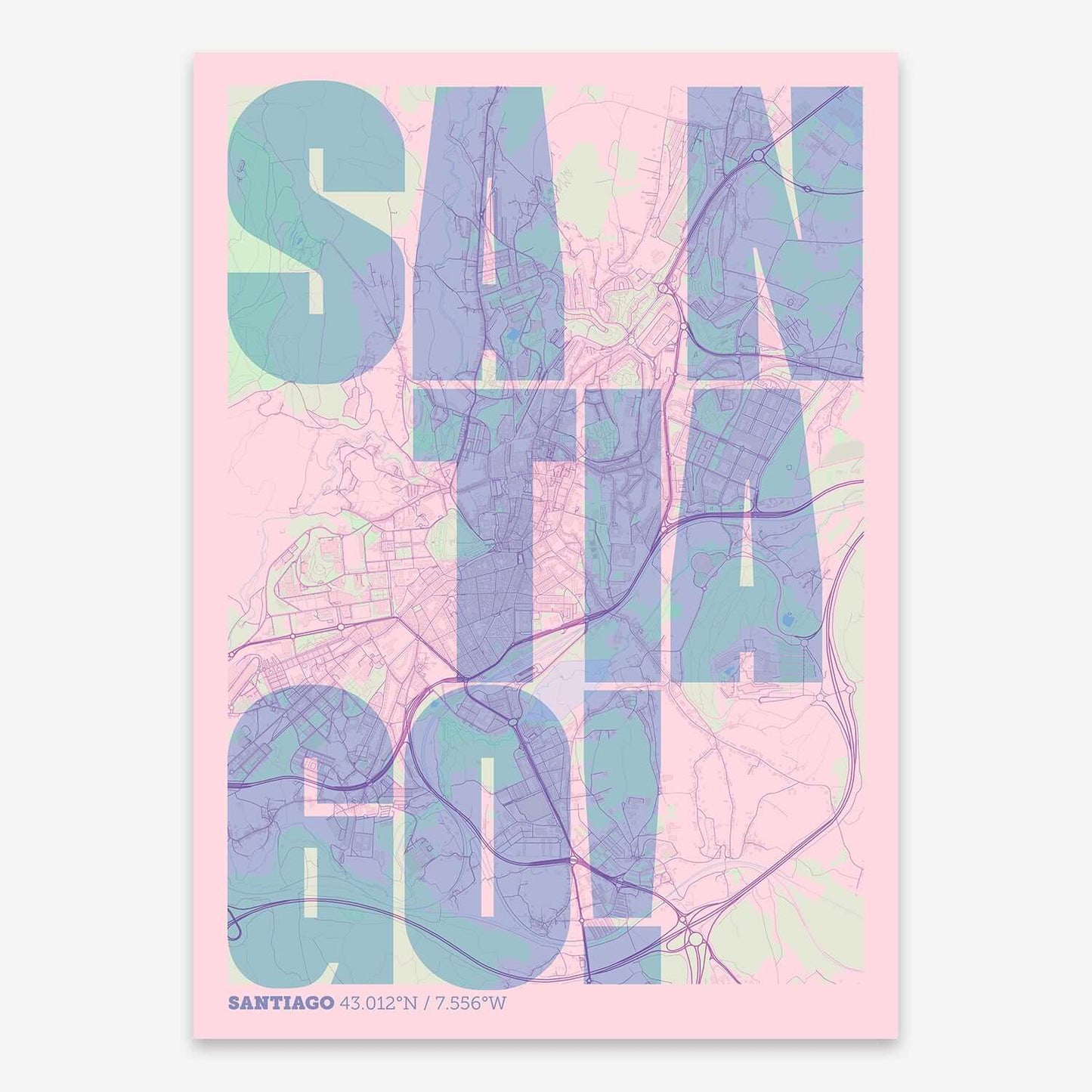 The map of Santiago with letters of its name placed randomly, designed in pink and light blue