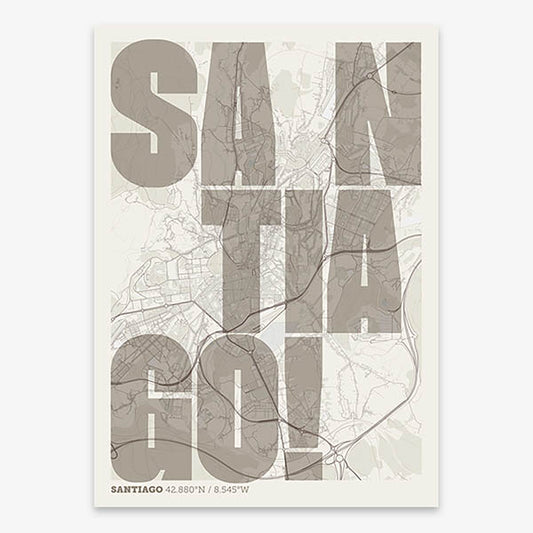 Decorative print of Santiago de Compostela with letters of its name placed randomly, designed in light brown and an off-white background