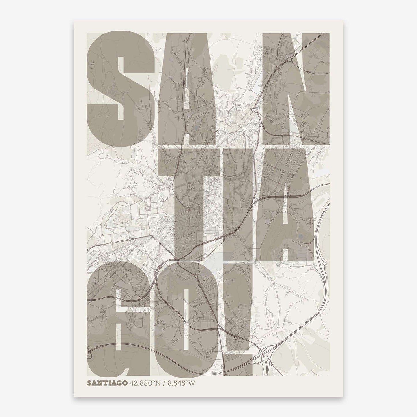 The map of Santiago with letters of its name placed randomly, designed in light brown and an off-white background