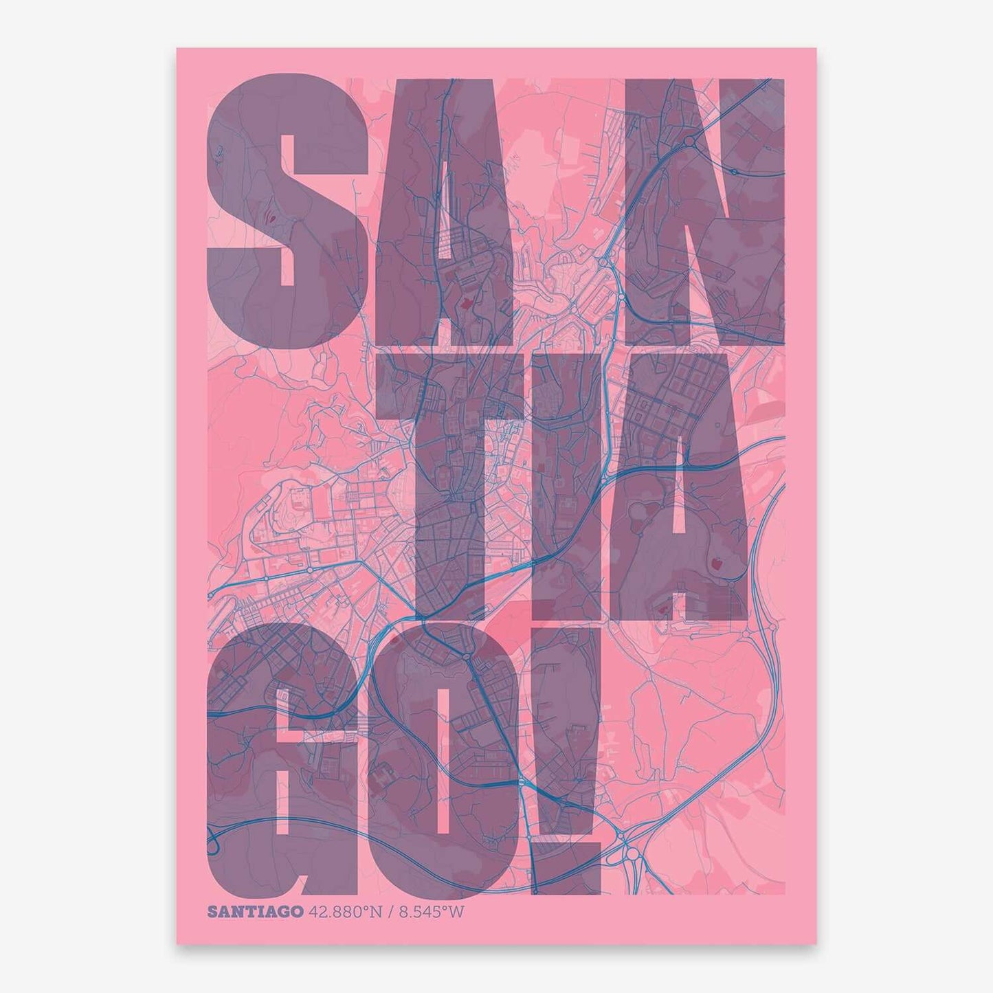The map of Santiago with letters of its name placed randomly, designed in violet y pink background