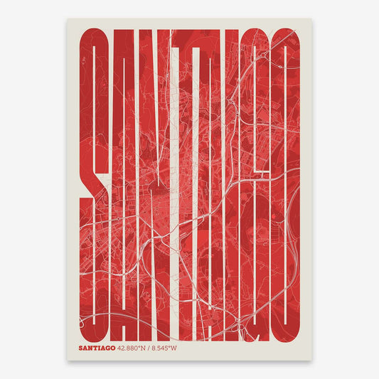 The map of Santiago and letters of its name in a giclée print designed in red and an off-white background