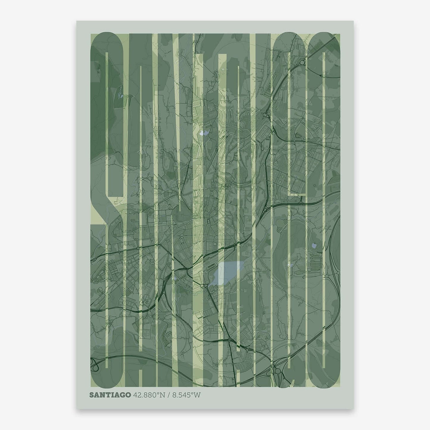 The map of Santiago and letters of its name in a giclée print designed in two green tones