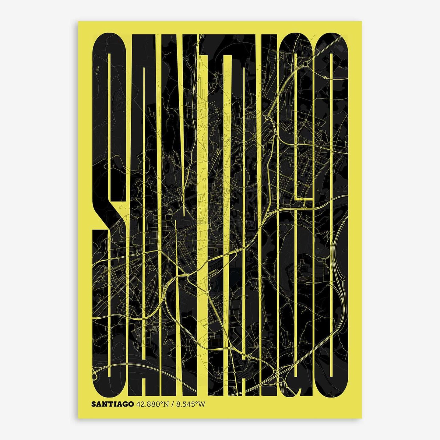 The map of Santiago and letters of its name in a giclée print designed in black and yellow