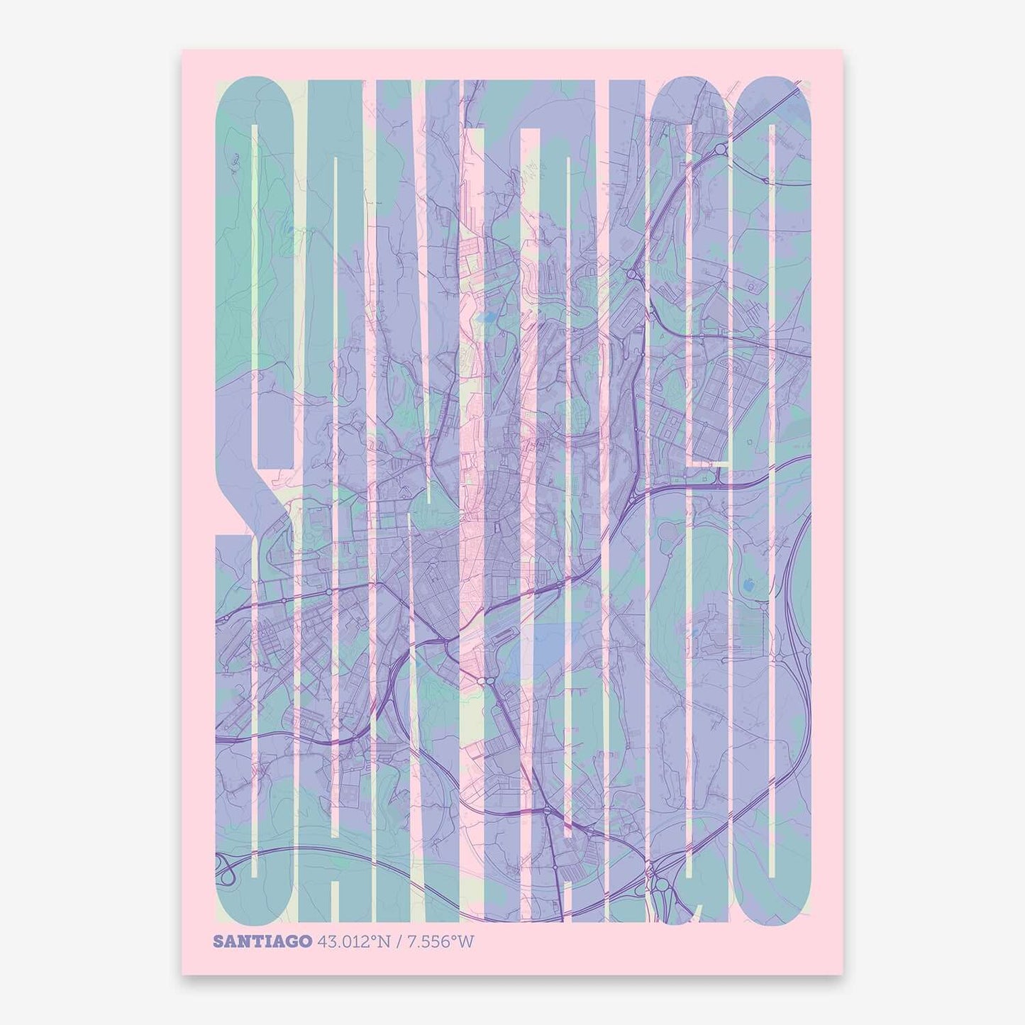 The map of Santiago and letters of its name in a giclée print designed in pink and light blue