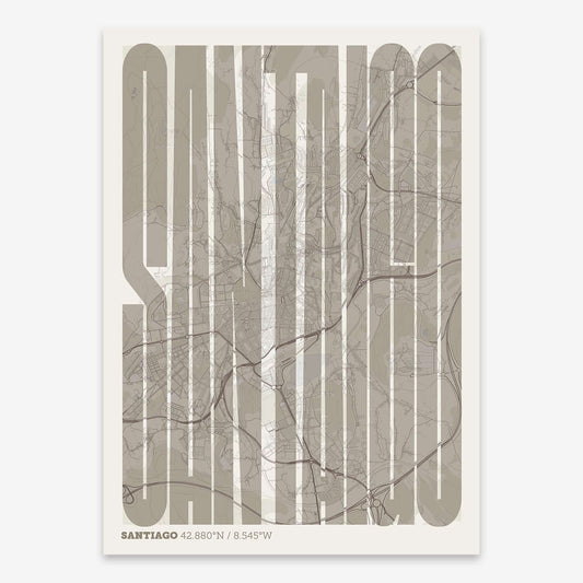 The map of Santiago and letters of its name in a giclée print designed in light brown and an off-white background