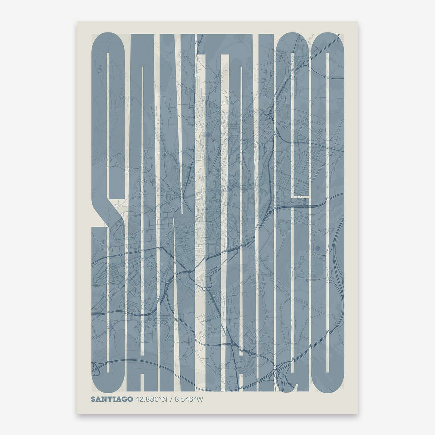 The map of Santiago and letters of its name in a giclée print designed in bluish gray and an off-white background