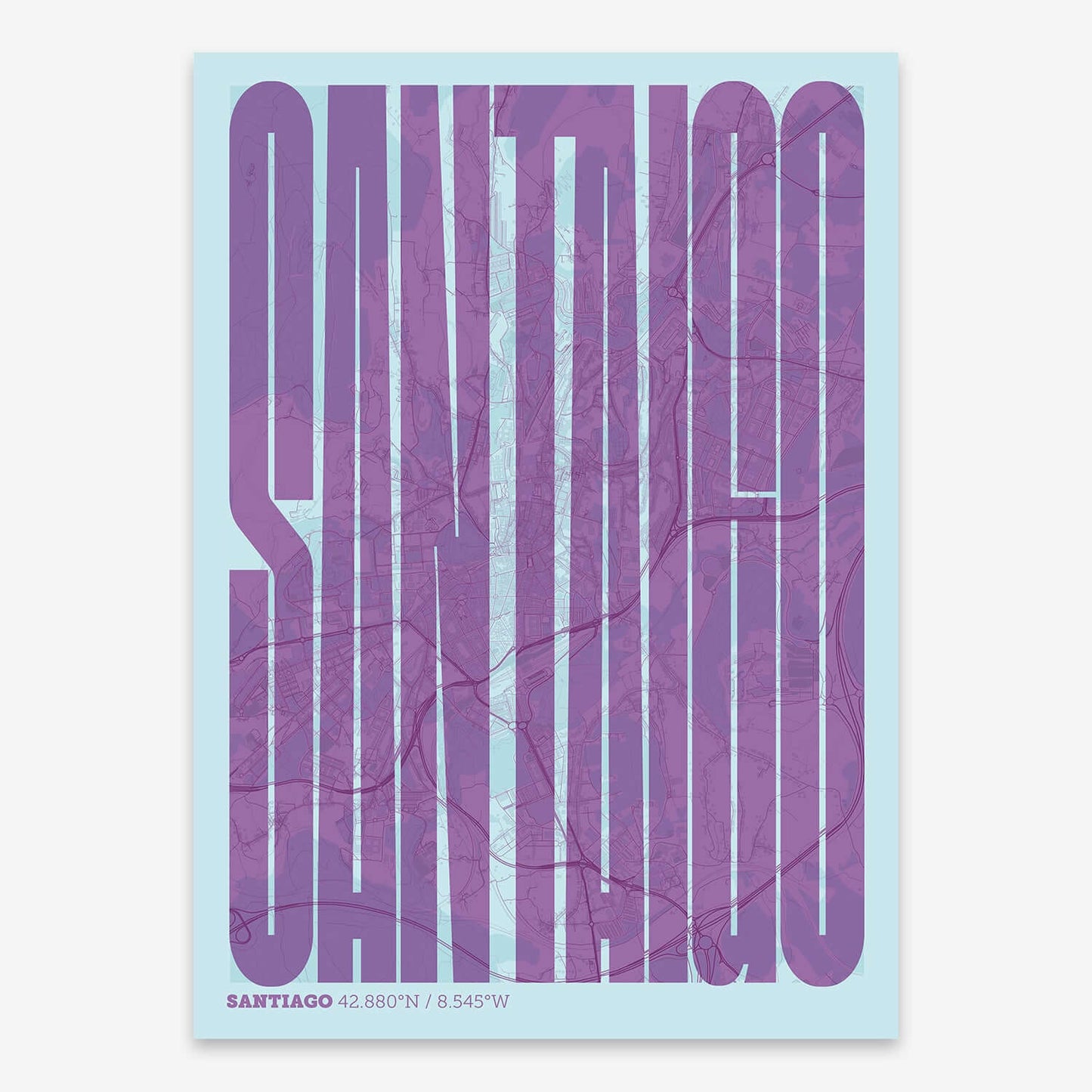 The map of Santiago and letters of its name in a giclée print designed in purple and light blue