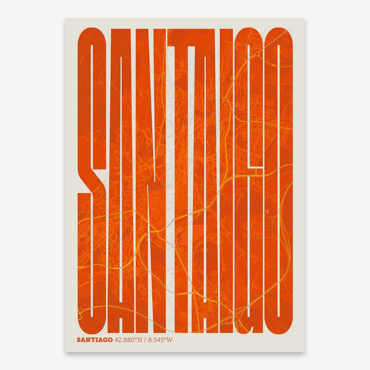 The map of Santiago and letters of its name in a giclée print designed in orange and an off-white background